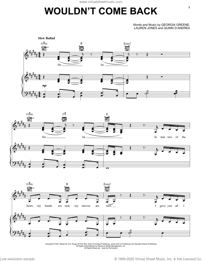Wouldn't Come Back sheet music for voice, piano or guitar by Trousdale, Georgia Greene and Lauren Jones, intermediate skill level