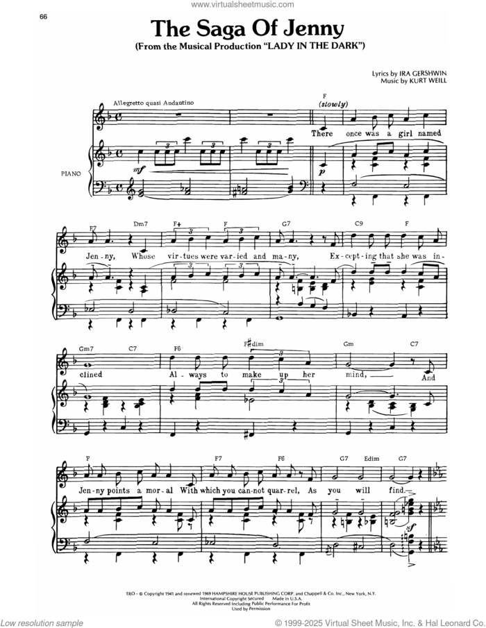 The Saga Of Jenny (from Lady In The Dark) sheet music for voice, piano or guitar by Ira Gershwin and Kurt Weill, intermediate skill level