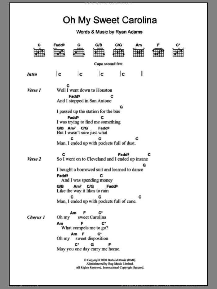 Oh My Sweet Carolina sheet music for guitar (chords) by Ryan Adams, intermediate skill level