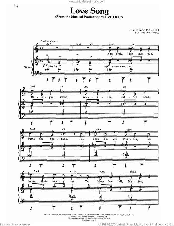 Love Song, A (from Love Life) sheet music for voice, piano or guitar by Kurt Weill, intermediate skill level