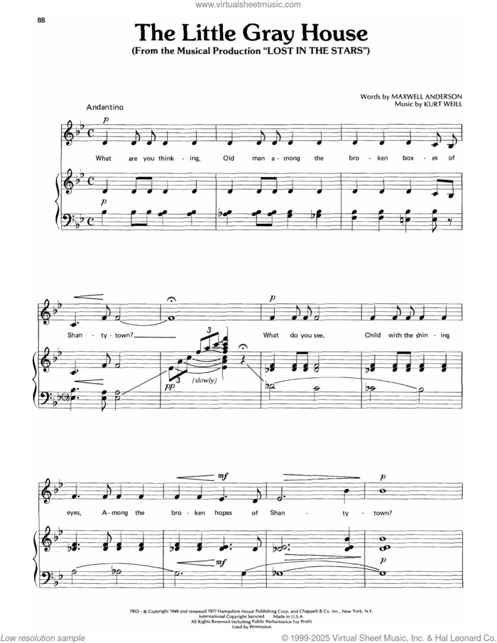 The Little Gray House (from Lost In The Stars) sheet music for voice, piano or guitar by Kurt Weill and Maxwell Anderson, intermediate skill level