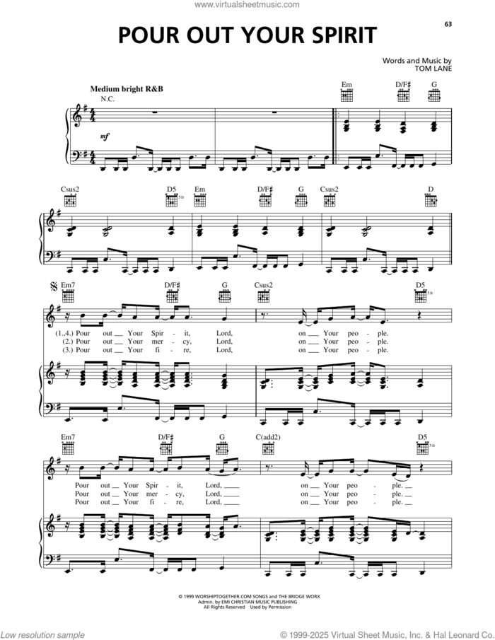 Pour Out Your Spirit sheet music for voice, piano or guitar by Tom Lane, intermediate skill level