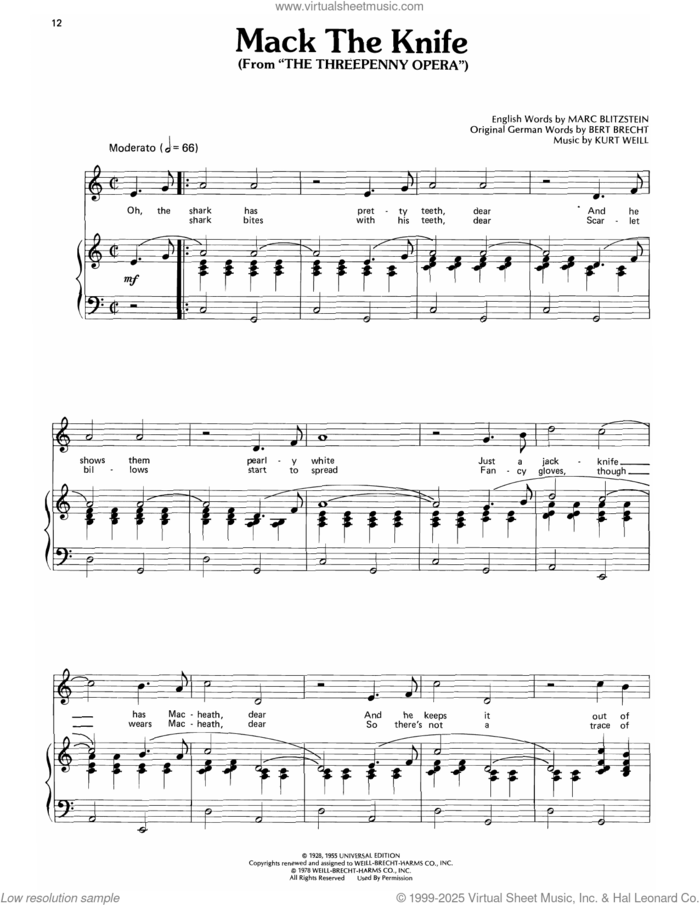 Mack The Knife (from The Threepenny Opera) sheet music for voice, piano or guitar by Bobby Darin, Kurt Weill, Bertolt Brecht and Marc Blitzstein, intermediate skill level