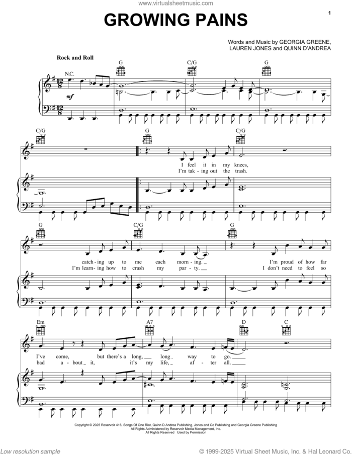 Growing Pains sheet music for voice, piano or guitar by Trousdale, Georgia Greene and Lauren Jones, intermediate skill level