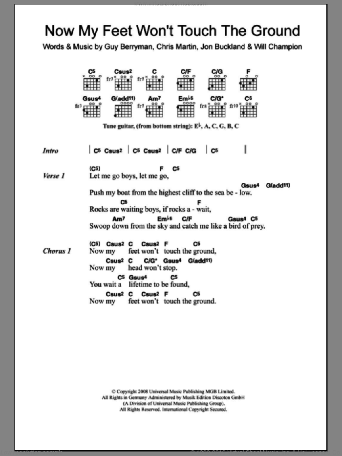 Now My Feet Won't Touch The Ground sheet music for guitar (chords) by Coldplay, Chris Martin, Guy Berryman, Jon Buckland and Will Champion, intermediate skill level