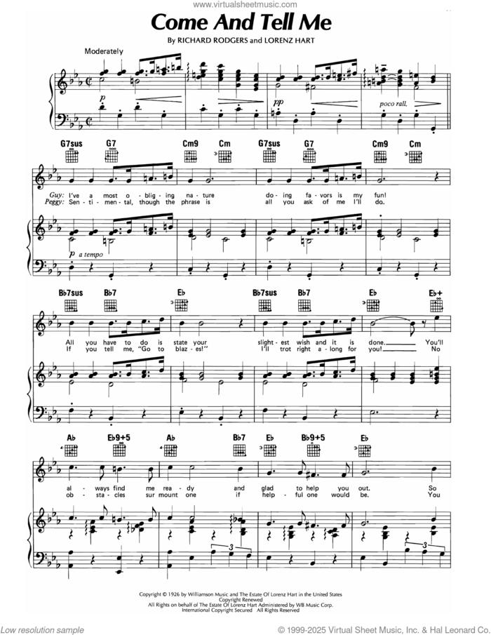 Come And Tell Me (from Betsy) sheet music for voice, piano or guitar by Richard Rodgers and Lorenz Hart, intermediate skill level