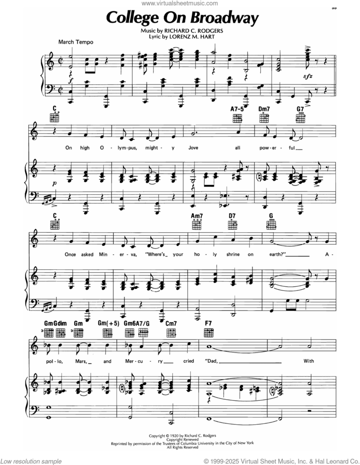 College On Broadway (from Too Many Girls) sheet music for voice, piano or guitar by Richard Rodgers and Lorenz Hart, intermediate skill level