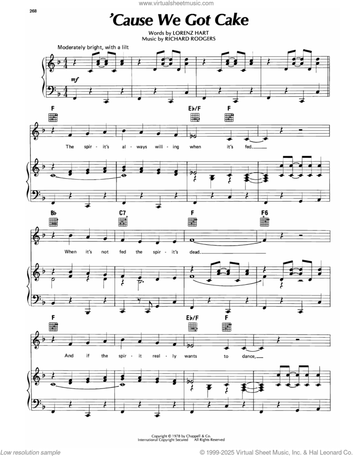 'Cause We Got Cake (from Too Many Girls) sheet music for voice, piano or guitar by Richard Rodgers and Lorenz Hart, intermediate skill level