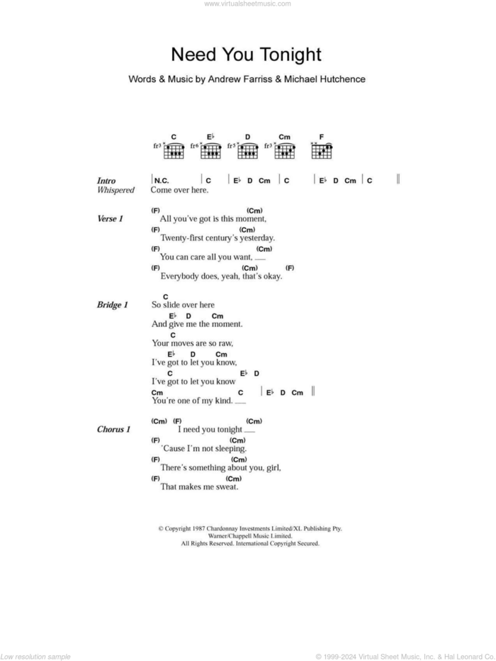 Need You Tonight sheet music for guitar (chords) by INXS, Andrew Farriss and Michael Hutchence, intermediate skill level