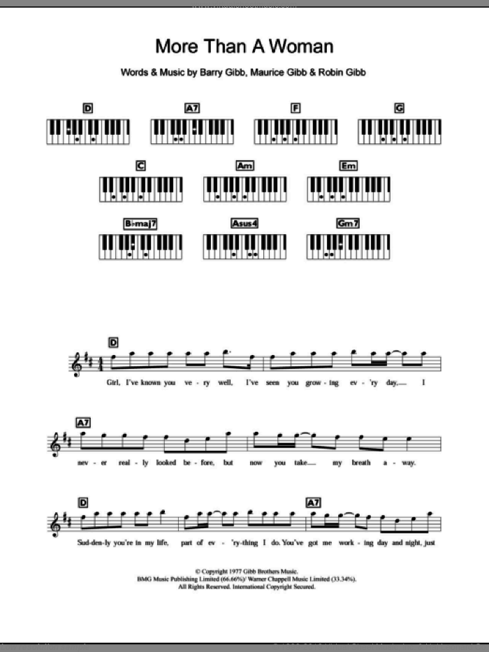 More Than A Woman sheet music for piano solo (chords, lyrics, melody) by Bee Gees, Barry Gibb, Maurice Gibb and Robin Gibb, intermediate piano (chords, lyrics, melody)