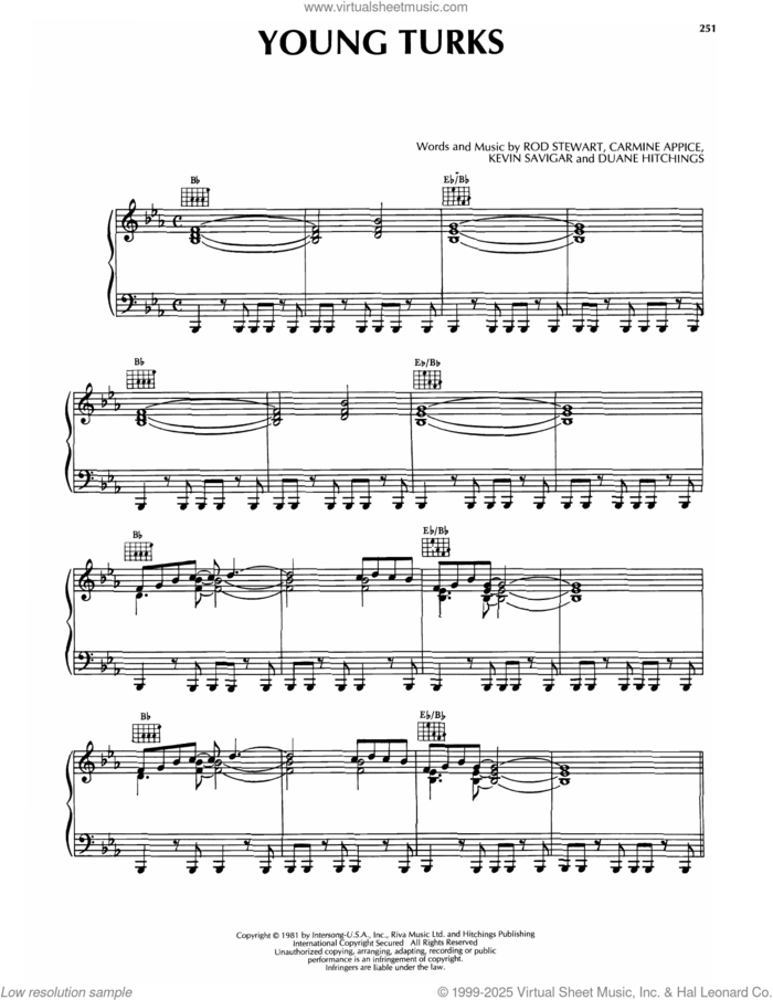 Young Turks sheet music for voice, piano or guitar by Rod Stewart, Carmine Appice, Duane Hitchings and Kevin Savigar, intermediate skill level