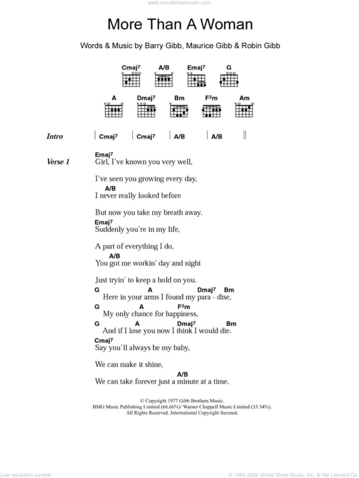 More Than A Woman sheet music for guitar (chords) by Bee Gees, Barry Gibb, Maurice Gibb and Robin Gibb, intermediate skill level