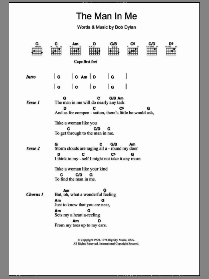 The Man In Me sheet music for guitar (chords) by Bob Dylan, intermediate skill level