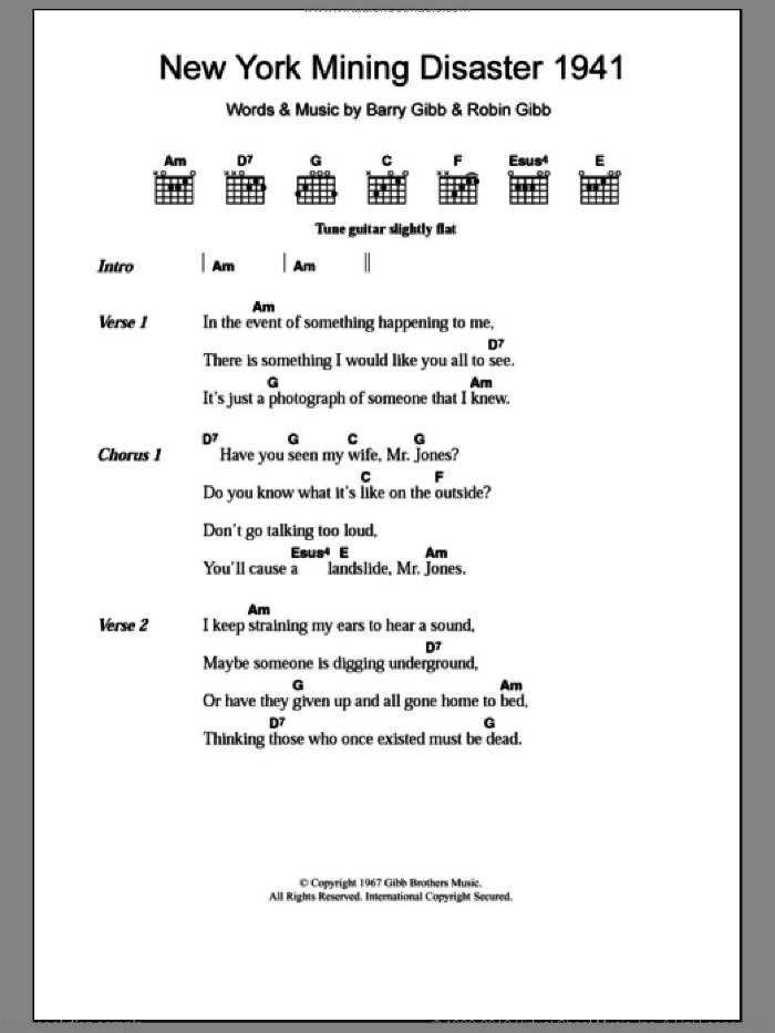 New York Mining Disaster 1941 sheet music for guitar (chords) by Bee Gees, Barry Gibb and Robin Gibb, intermediate skill level
