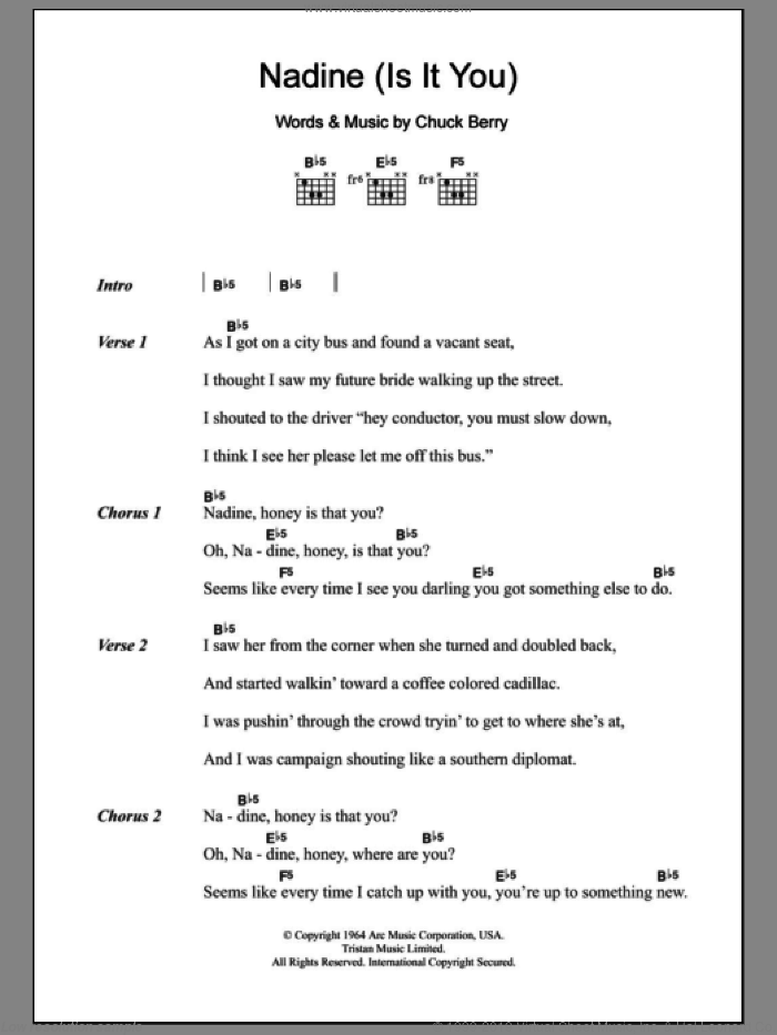 Nadine (Is It You) sheet music for guitar (chords) by Chuck Berry, intermediate skill level