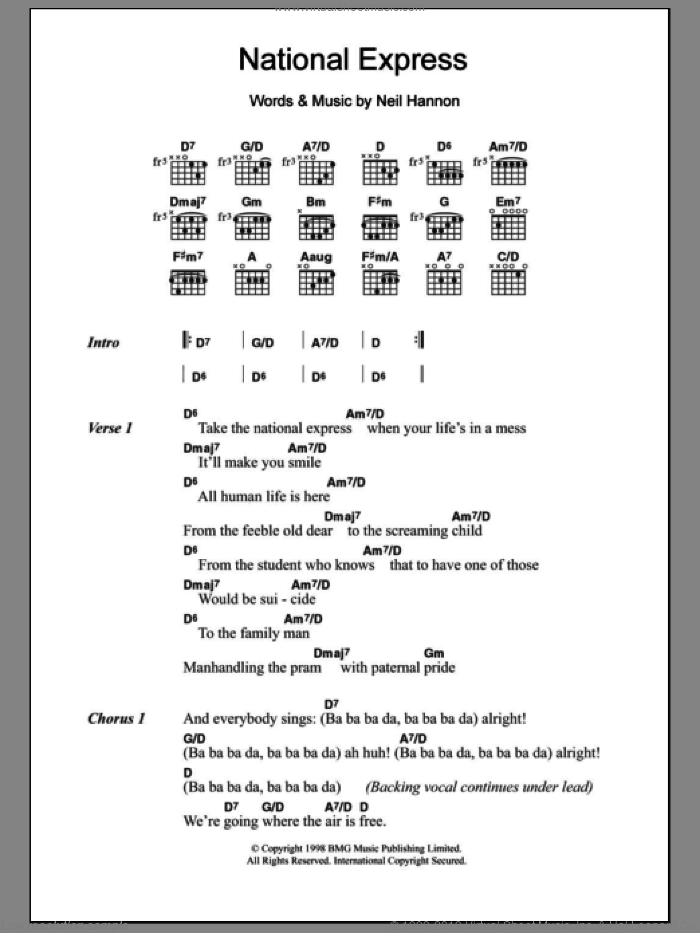 National Express sheet music for guitar (chords) by The Divine Comedy and Neil Hannon, intermediate skill level