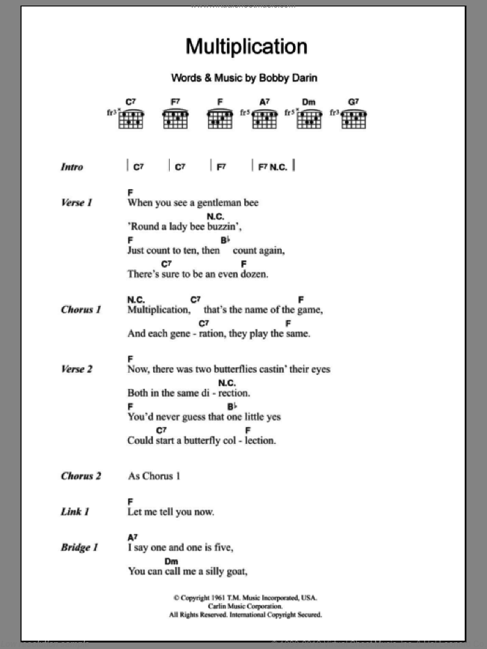 Multiplication sheet music for guitar (chords) by Bobby Darin, intermediate skill level