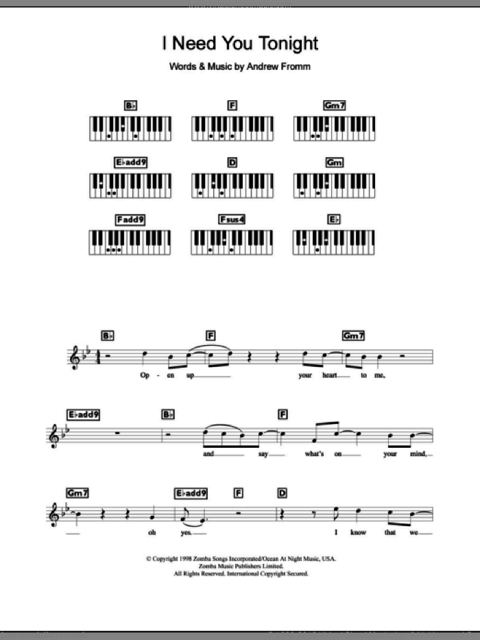 I Need You Tonight sheet music for piano solo (chords, lyrics, melody) by Backstreet Boys and Andrew Fromm, intermediate piano (chords, lyrics, melody)