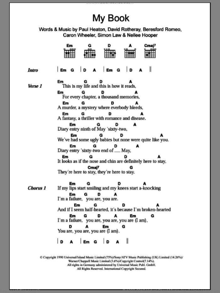 My Book sheet music for guitar (chords) by The Beautiful South, Beresford Romeo, Caron Wheeler, David Rotheray, Nellee Hooper, Paul Heaton and Simon Law, intermediate skill level