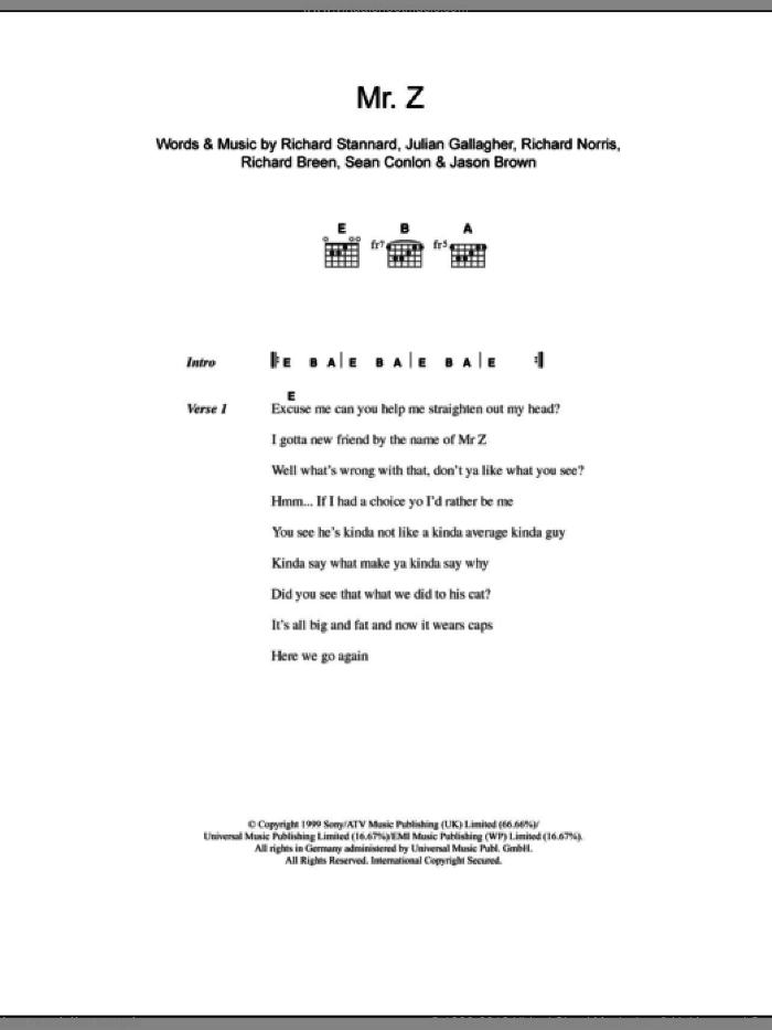 Mr. Z sheet music for guitar (chords) by Ben Folds Five, Jason Brown, Julian Gallagher, Richard Breen, Richard Norris, Richard Stannard and Sean Conlon, intermediate skill level