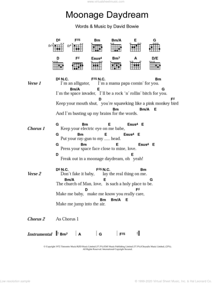Moonage Daydream sheet music for guitar (chords) by David Bowie, intermediate skill level