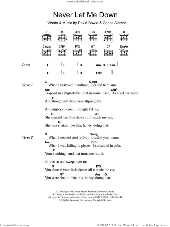 Never Let Me Down sheet music for guitar (chords) by David Bowie and Carlos Alomar, intermediate skill level