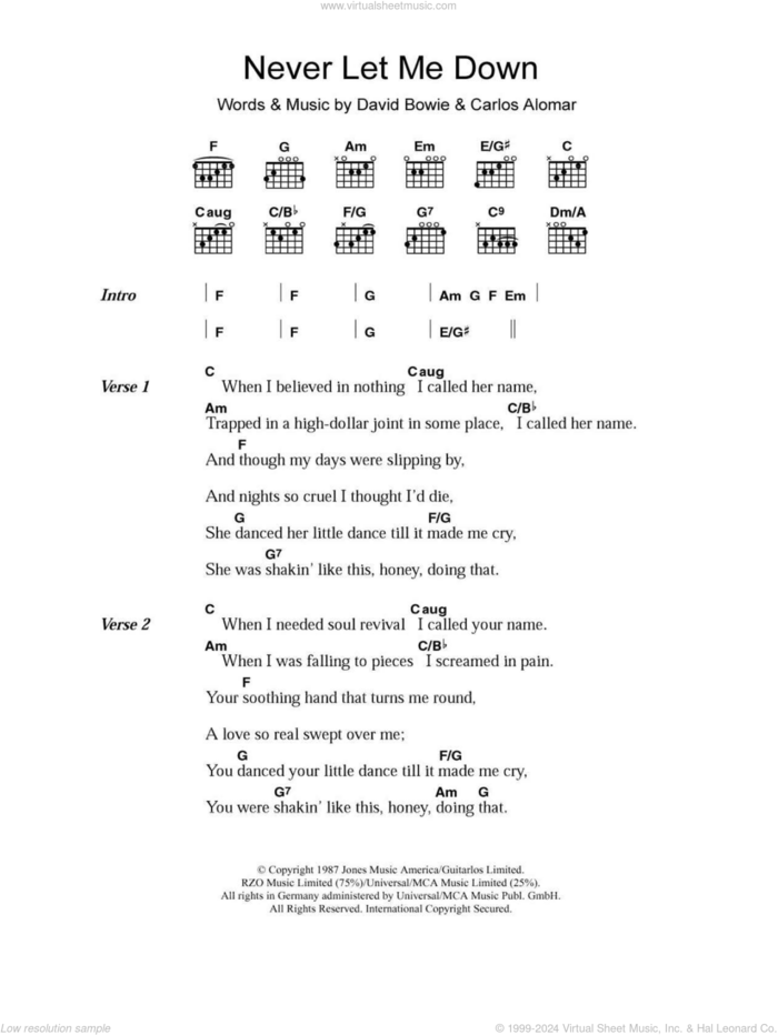 Never Let Me Down sheet music for guitar (chords) by David Bowie and Carlos Alomar, intermediate skill level