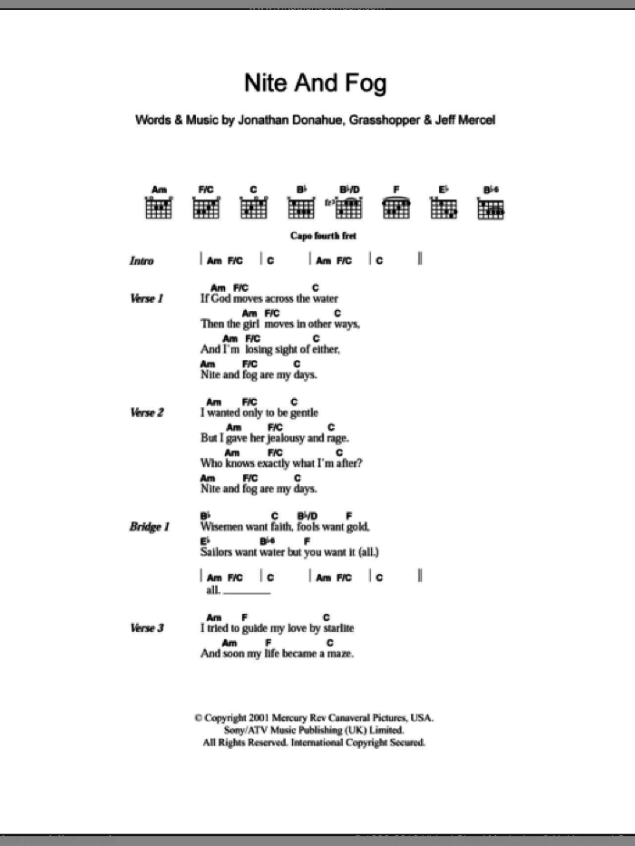 Nite And Fog sheet music for guitar (chords) by Mercury Rev, Grasshopper, Jeff Mercel and Jonathan Donahue, intermediate skill level