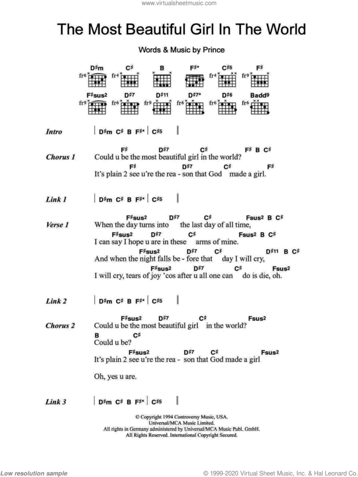 The Most Beautiful Girl In The World sheet music for guitar (chords) by Prince, intermediate skill level