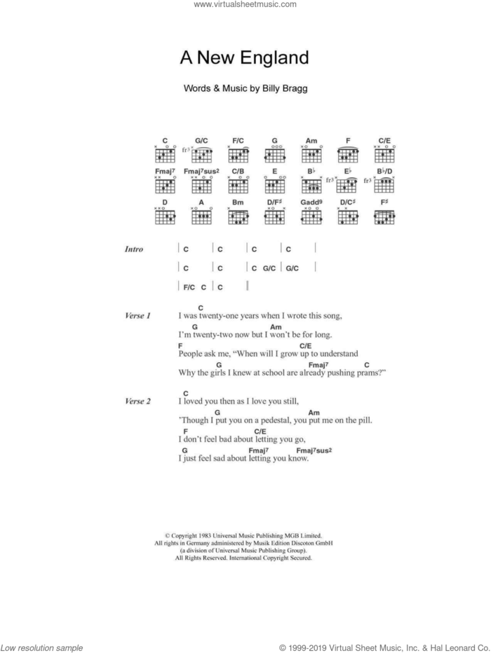 A New England sheet music for guitar (chords) by Billy Bragg and Kirsty MacColl, intermediate skill level
