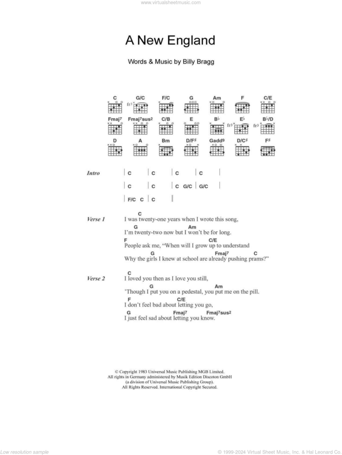 A New England sheet music for guitar (chords) by Billy Bragg and Kirsty MacColl, intermediate skill level