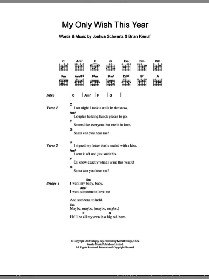 My Only Wish This Year sheet music for guitar (chords) by Britney Spears, Brian Kierulf and Joshua Schwartz, intermediate skill level