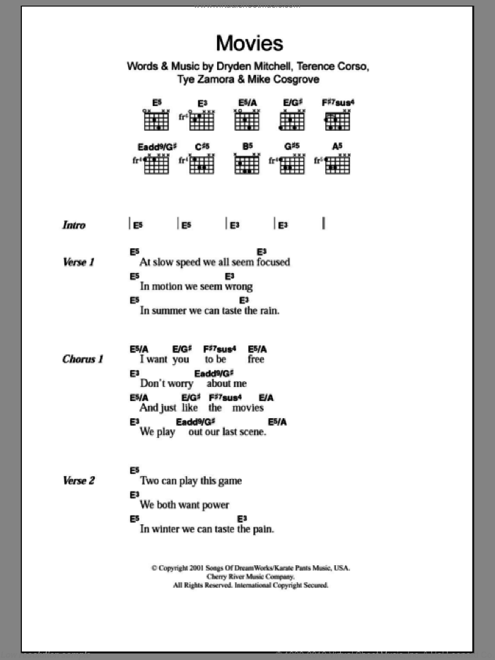 Movies sheet music for guitar (chords) by Alien Ant Farm, Dryden Mitchell, Mike Cosgrove, Terence Corso and Tye Zamora, intermediate skill level
