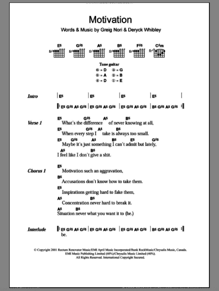 Motivation sheet music for guitar (chords) by Sum 41, Deryck Whibley and Greig Nori, intermediate skill level