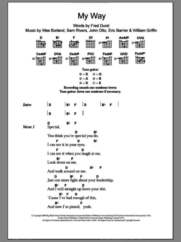 My Way sheet music for guitar (chords) by Limp Bizkit, Eric Barrier, Fred Durst, John Otto, Sam Rivers, Wes Borland and William Griffin, intermediate skill level