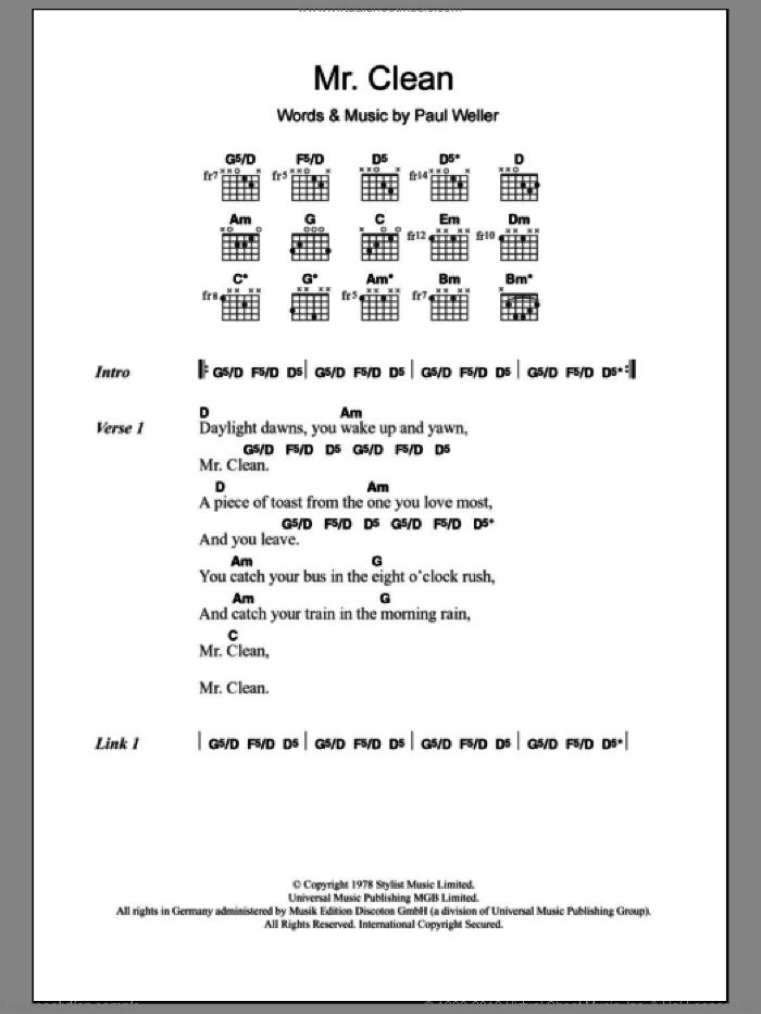 Mr. Clean sheet music for guitar (chords) by The Jam and Paul Weller, intermediate skill level