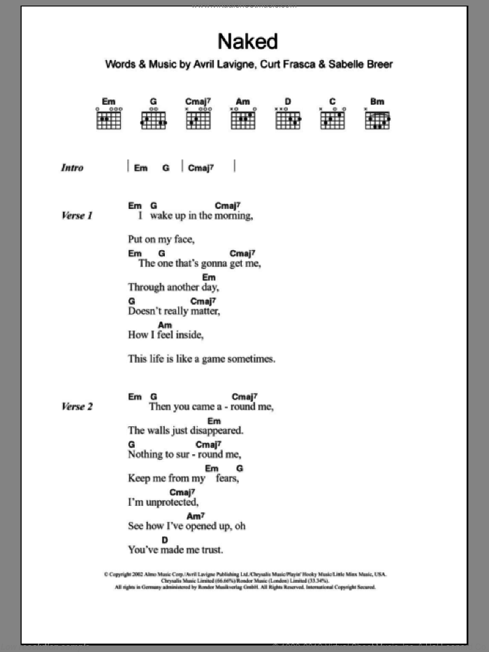 Naked sheet music for guitar (chords) by Avril Lavigne, Curt Frasca and Sabelle Breer, intermediate skill level