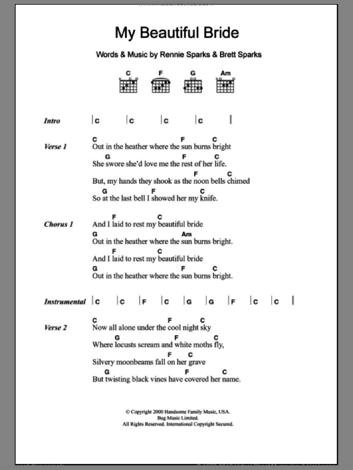My Beautiful Bride sheet music for guitar (chords) by The Handsome Family, Brett Sparks and Rennie Sparks, intermediate skill level