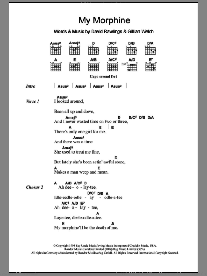 My Morphine sheet music for guitar (chords) by Gillian Welch and David Rawlings, intermediate skill level
