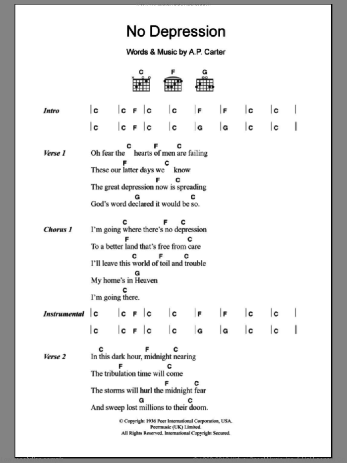 No Depression sheet music for guitar (chords) by Uncle Tupelo and A.P. Carter, intermediate skill level