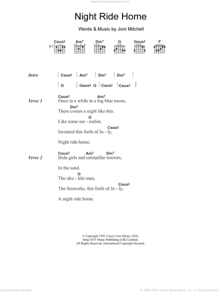 Night Ride Home sheet music for guitar (chords) by Joni Mitchell, intermediate skill level