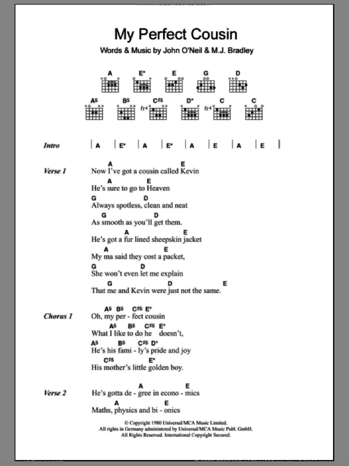 My Perfect Cousin sheet music for guitar (chords) by The Undertones and M.J. Bradley, intermediate skill level