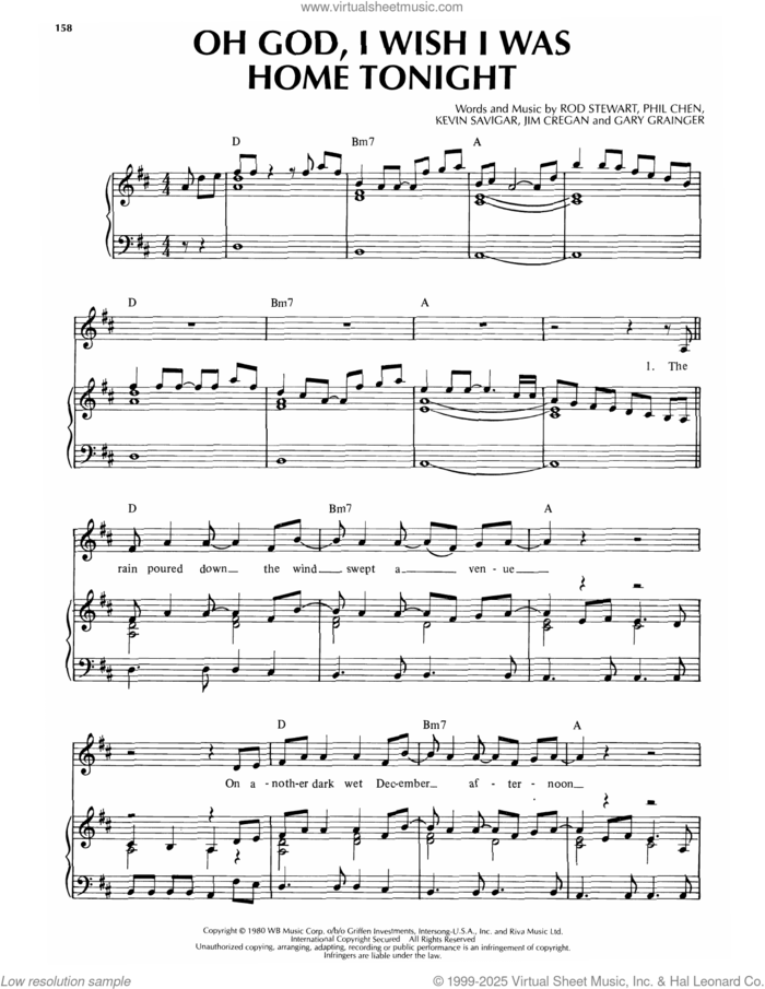 Oh God, I Wish I Was Home Tonight sheet music for voice, piano or guitar by Rod Stewart, Gary Grainger, Jim Cregan, Kevin Savigar and Phil Chen, intermediate skill level