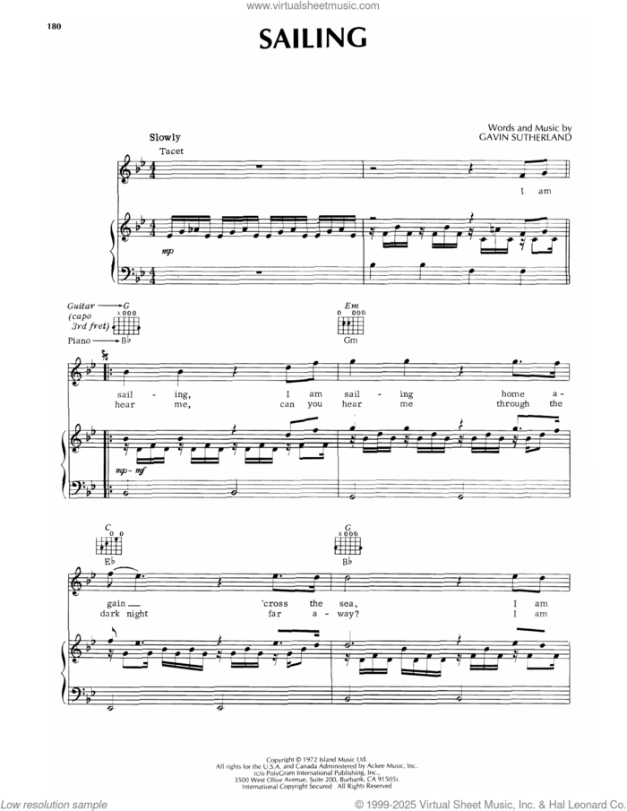 Sailing sheet music for voice, piano or guitar by Rod Stewart, intermediate skill level