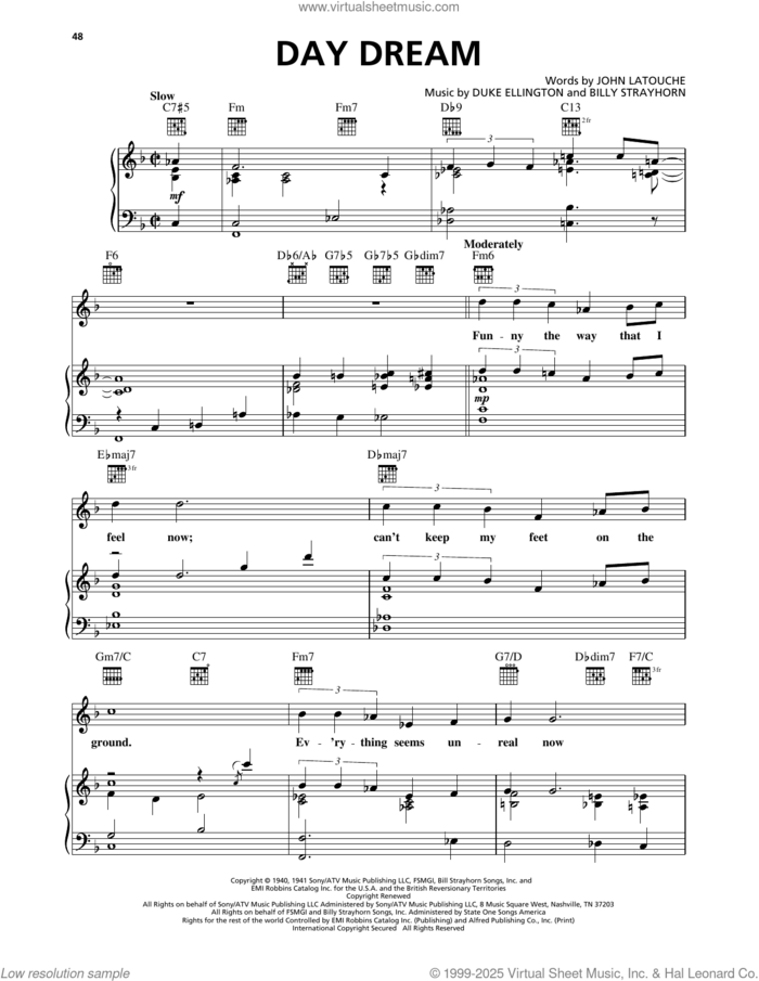 Day Dream sheet music for voice, piano or guitar by Duke Ellington, Billy Strayhorn and John Latouche, intermediate skill level