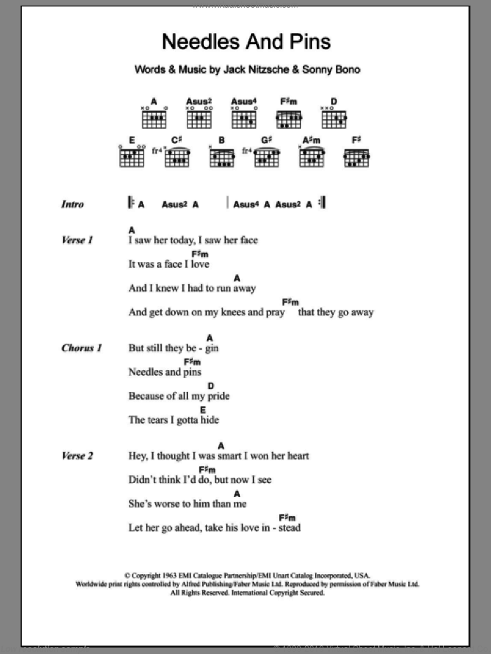 Needles And Pins sheet music for guitar (chords) by The Searchers, Jack Nitzsche and Sonny Bono, intermediate skill level