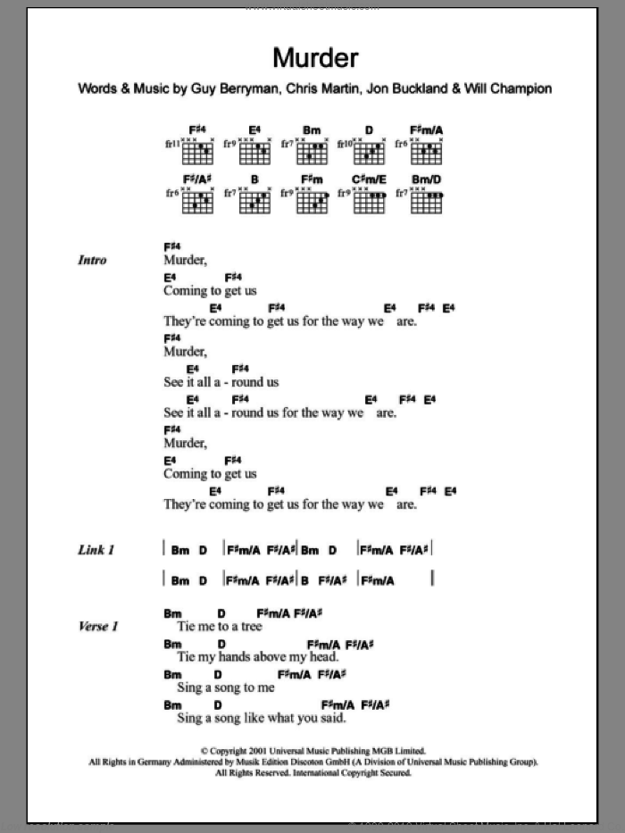 Murder sheet music for guitar (chords) by Coldplay, Chris Martin, Guy Berryman, Jon Buckland and Will Champion, intermediate skill level