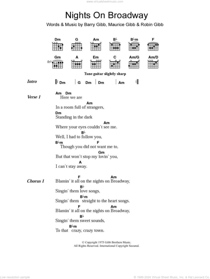 Nights On Broadway sheet music for guitar (chords) by Bee Gees, Barry Gibb, Maurice Gibb and Robin Gibb, intermediate skill level