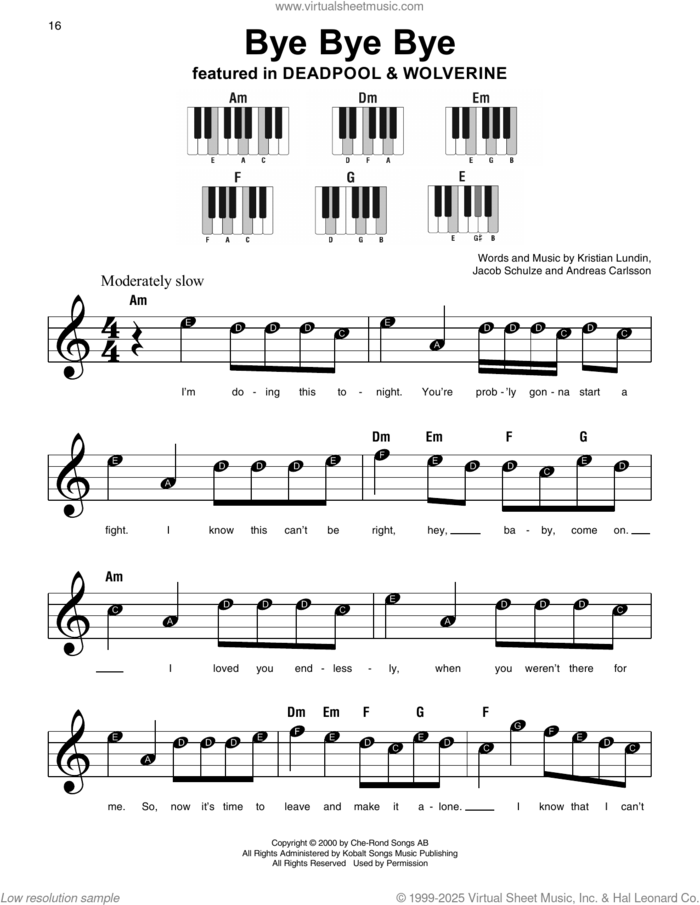 Bye Bye Bye, (beginner) sheet music for piano solo by 'N Sync, Andreas Carlsson, Jacob Schulze and Kristian Lundin, beginner skill level