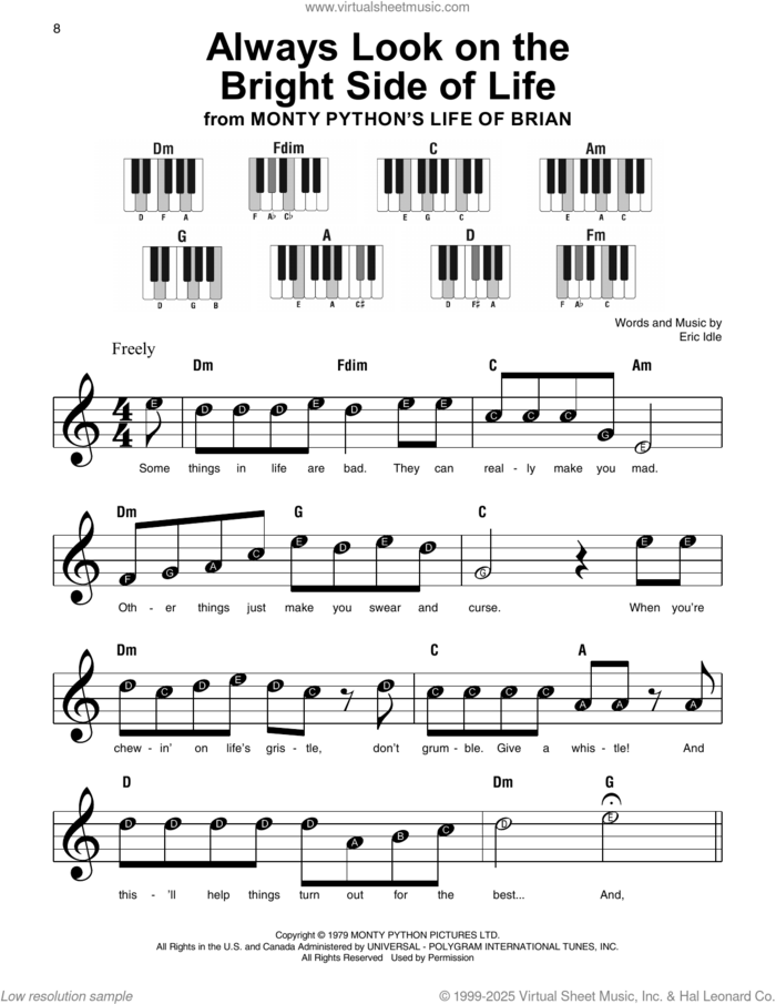 Always Look On The Bright Side Of Life (from Spamalot) sheet music for piano solo by Monty Python and Eric Idle, beginner skill level
